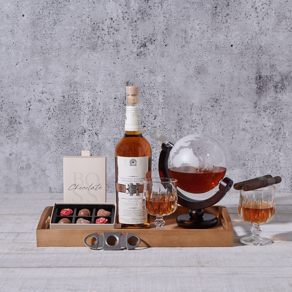 Liquor &amp; Leisure Gift Set, liquor gift, liquor, liquor gift basket, gourmet gift, decanter gift, decanter