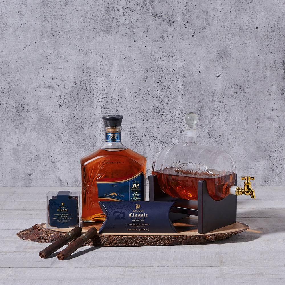 Barrel Liquor Decanter & Cigar Set, liquor gift, liquor, liquor gift basket, chocolate gift, chocolates, cigar gift