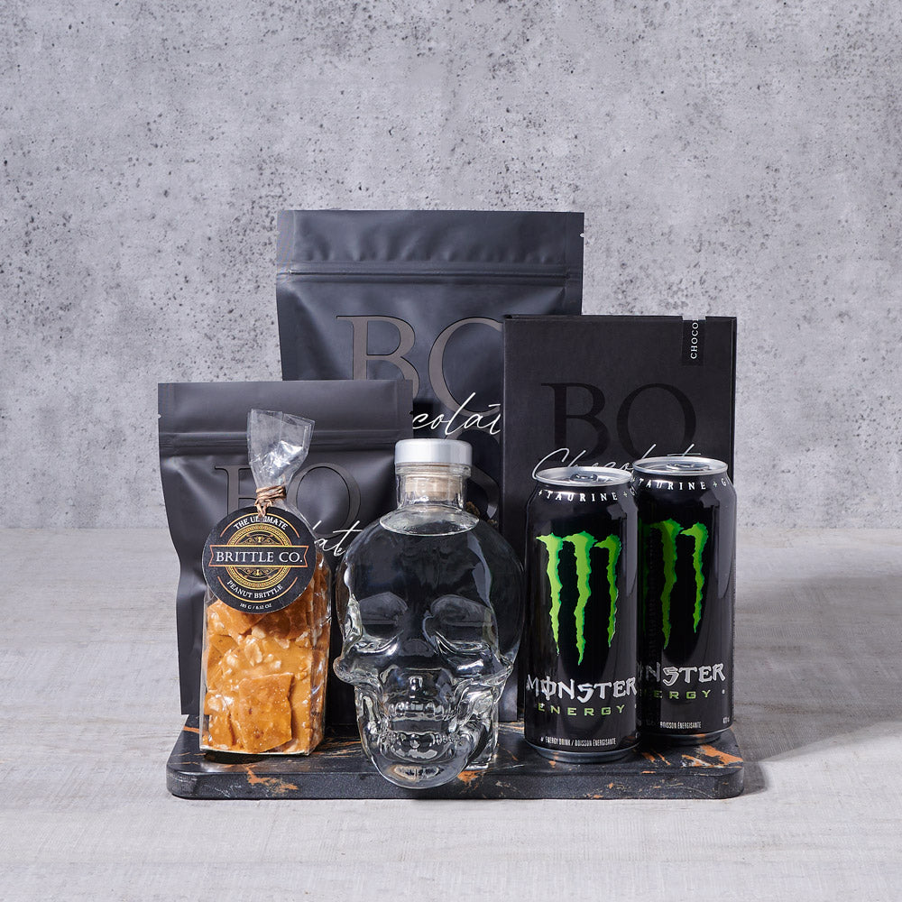 Skull Vodka &amp; Chocolate Halloween Gift Set, liquor gift, liquor, energy drink gift, energy drinks, snack gift, snacks, fathers day, feathers day gift