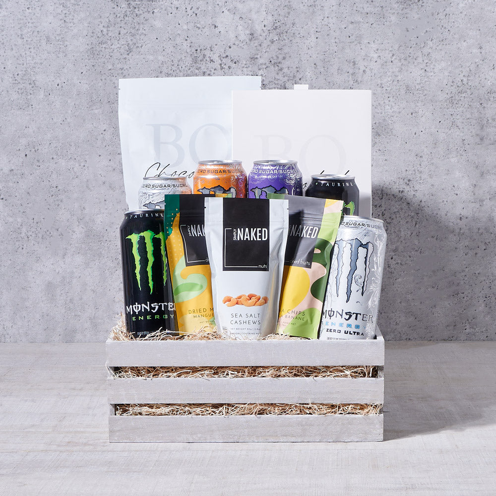 The Revitalizing Snack & Drink Crate, energy drink gift, healthy gift, healthy snacks, gourmet gift, gourmet, gourmet gift basket
