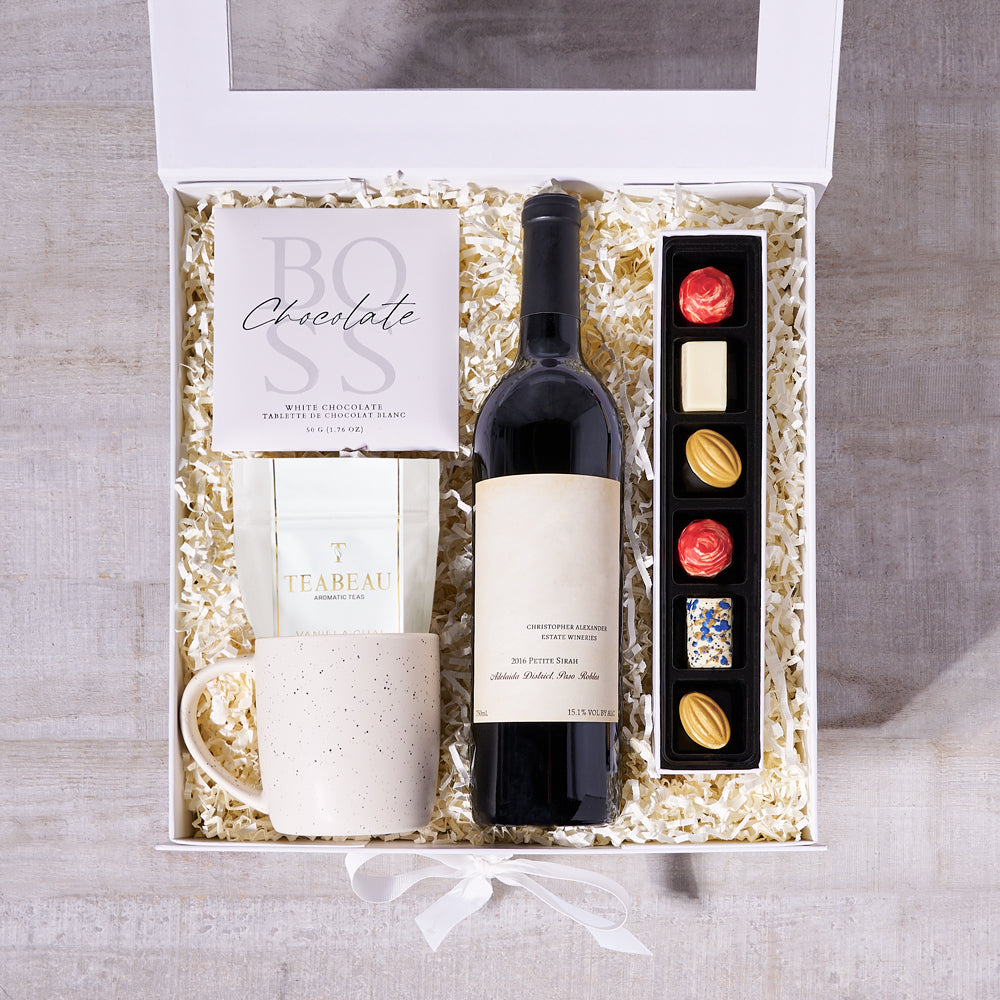 Très Chic Wine Gift Basket, wine gift, wine, tea gift, tea, chocolate gift, chocolate
