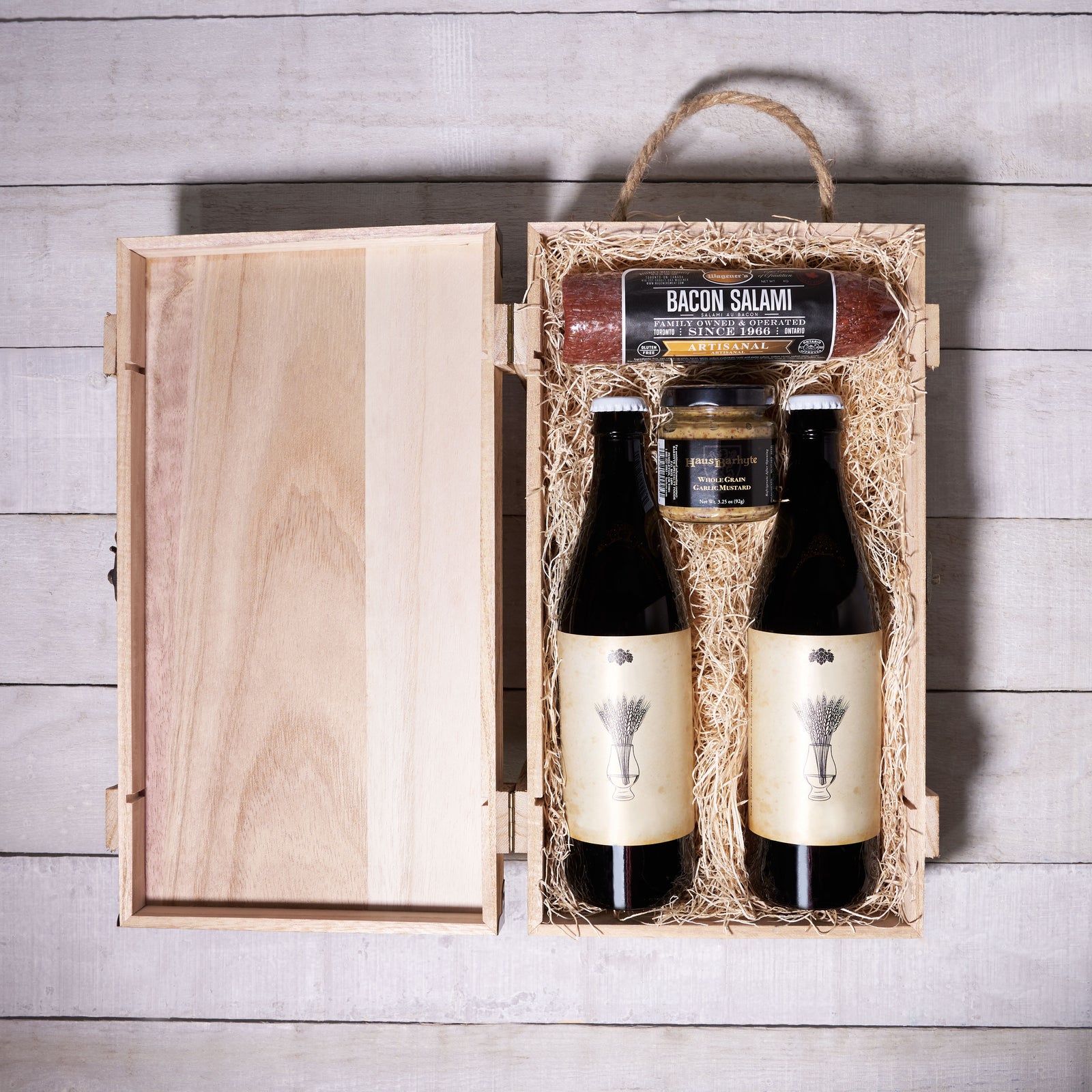 Dad's Beer and Delicatessen Delight, beer gift baskets, gourmet gifts, beer, bacon salami, whole grain garlic mustard