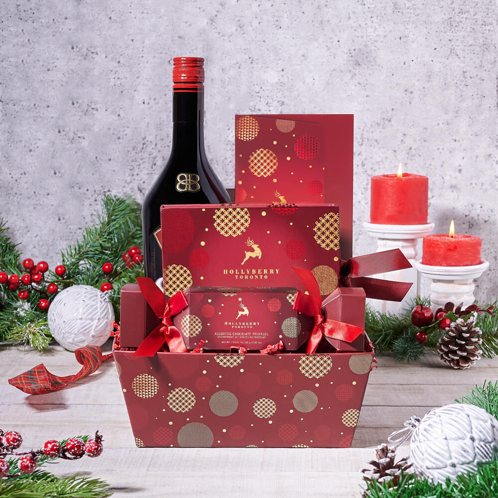 Little Red Christmas Box, liquor gift baskets, Christmas gift baskets, gourmet gift baskets, christmas gift, christmas, holiday gift, holiday, chocolate gift, chocolate, liquor gift, liquor