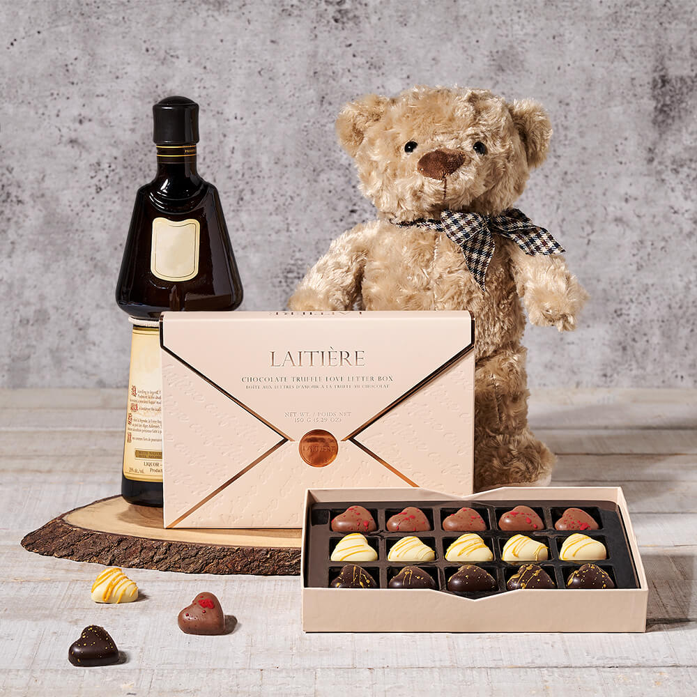 Love Letter Chocolate & Liquor Gift, chocolate gift, chocolate, liquor gift, liquor, gourmet gift, gourmet, teddy bear gift, teddy bear, plush gift, plush