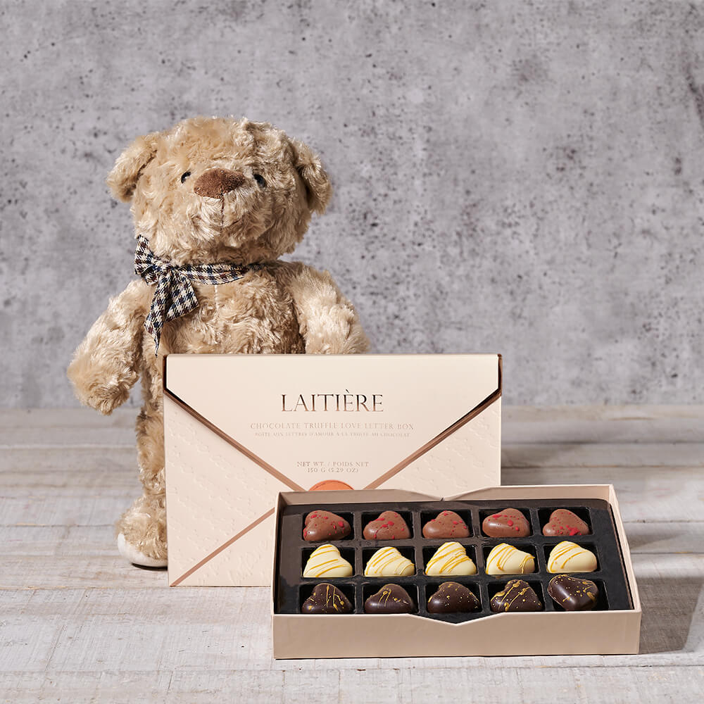 Love Letter & Bear Gift, teddy bear gift, teddy bear, chocolate gift, chocolate, gourmet gift, gourmet