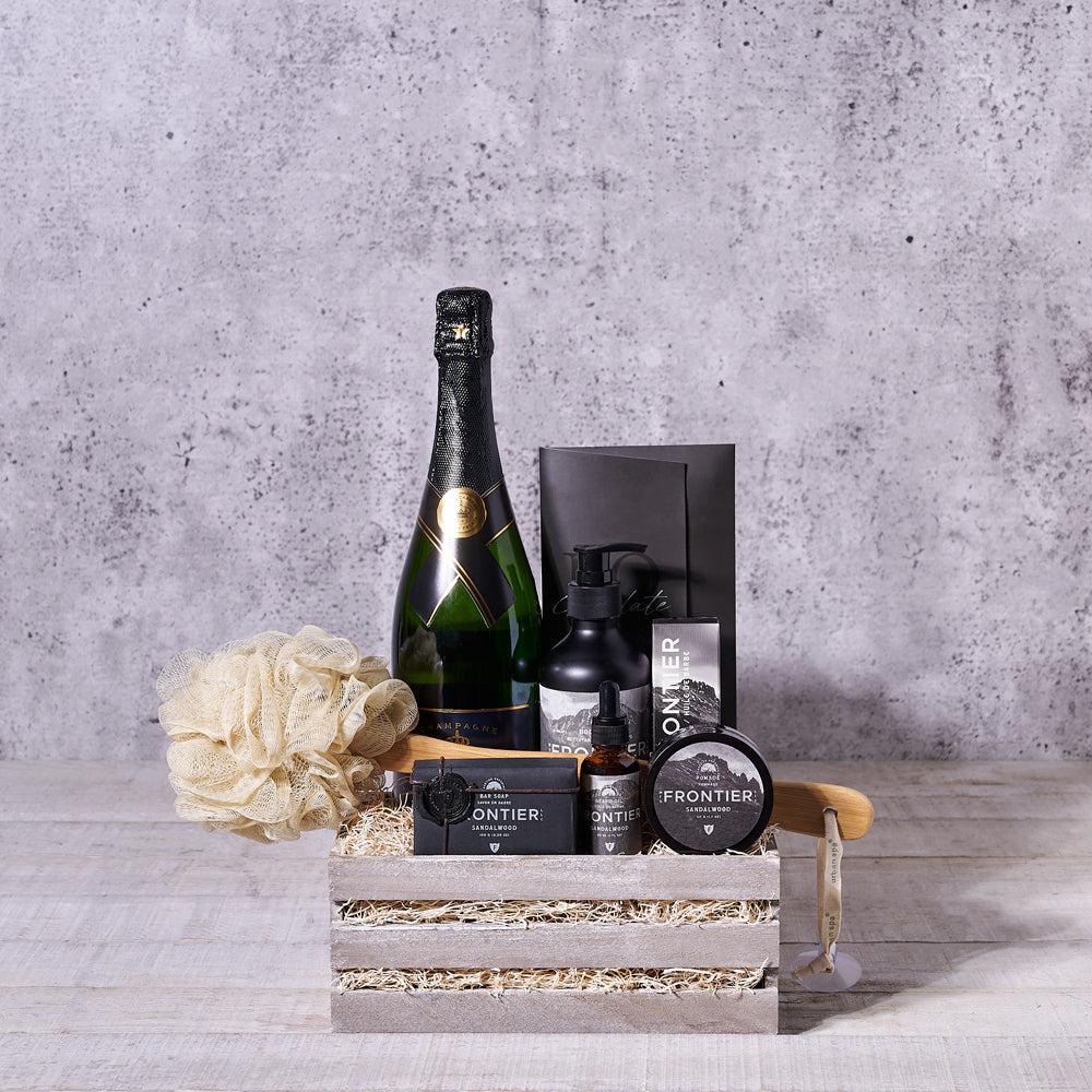The Art of Unwinding Champagne Gift Crate, spa gift, champagne gift, fathers day grooming gift, fathers day gift, fathers day