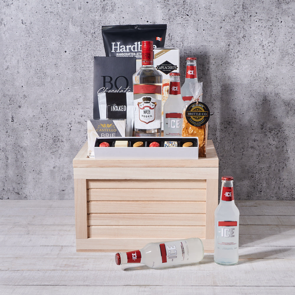 Sweet Refreshment &amp; Liquor Gift, liquor gift, liquor, gourmet gift, gourmet, snack gift, snacks