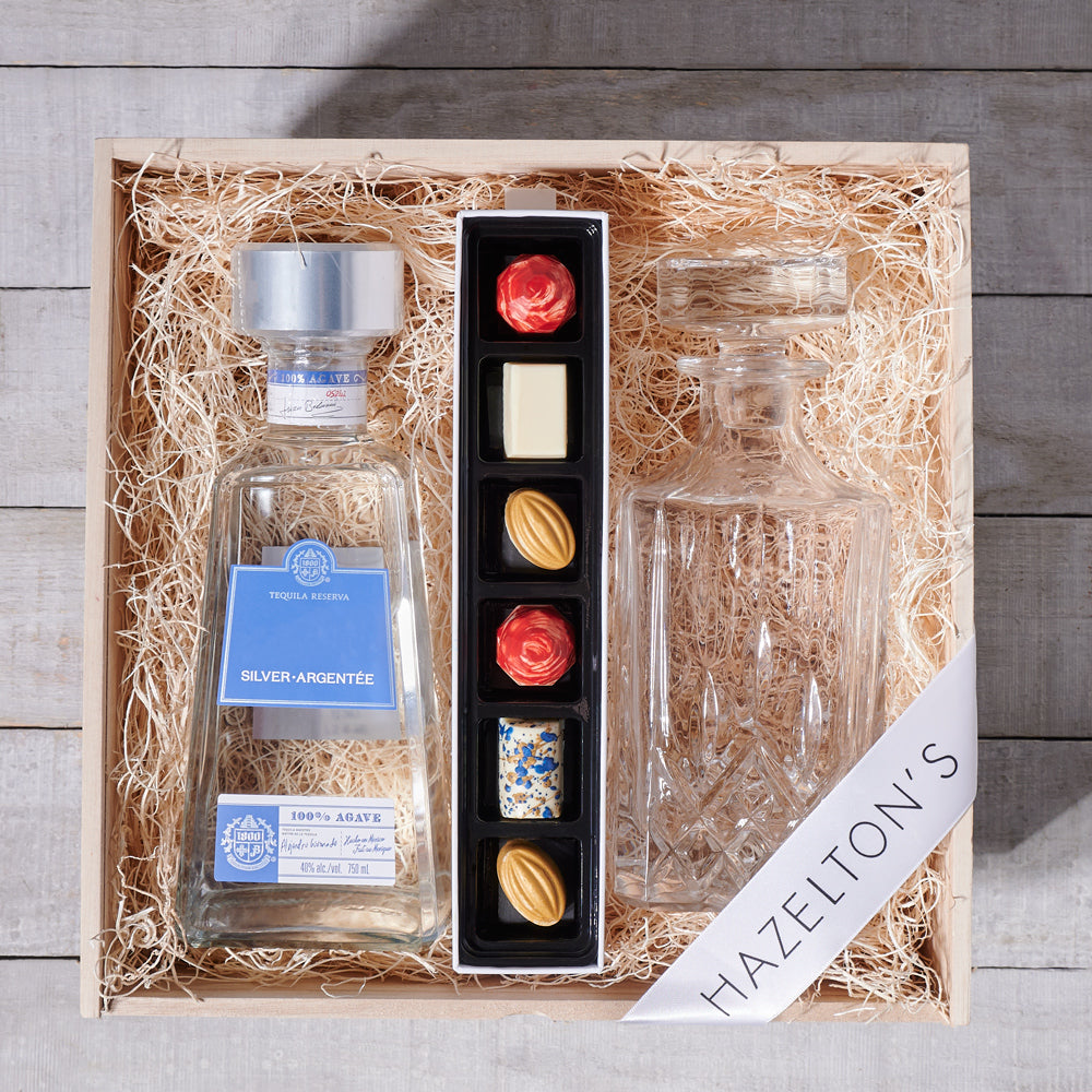 Sharp Lines & Smooth Spirits Gift Set, liquor gift, liquor, chocolate gift, chocolate, decanter gift, decanter