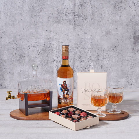 Intrepid Decanter Gift Set, liquor gift, liquor, liquor gift basket, decanter, decanter gift, chocolate, luxury gift basket