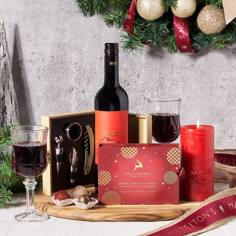 Holiday Wine Lover’s Gift Basket, Wine Gift Baskets, Chocolate Gift Baskets, Wine, Chocolate Truffles, Candle, Canada Delivery