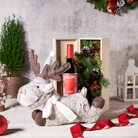 Christmas Reindeer & Wine Box, Christmas Gift Baskets, Wine Gift Baskets, Wine, Reindeer Plushy, Canada Delivery