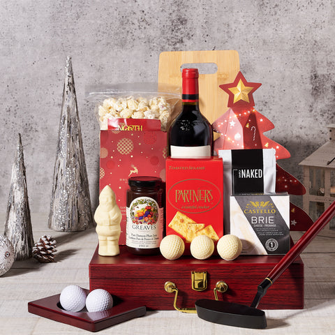 A Golfer's Christmas Wine Gift Basket, Christmas Wine Gift Baskets, Gourmet Gift Baskets, Christmas Golf Set, Xmas Wine Set, Cheese Gift Baskets, Nuts, Cheese, Crackers, Wine, Chocolate, Popcorn, Cutting Board, Canada Delivery