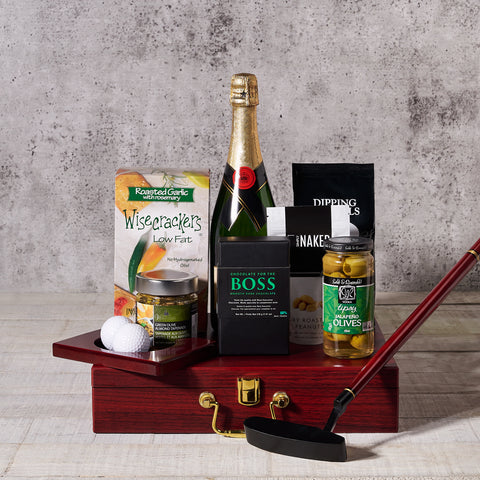 Executive Golf Putting Set Gift Basket, With Champagne, Champagne Gift Baskets, Chocolate Gift Baskets, Gourmet Gift Baskets, Golf Gift Baskets, Pretzels, Crackers, Golf Set, Champagne, Chocolate, Tapenade, Olives, Nuts, Canada Delivery