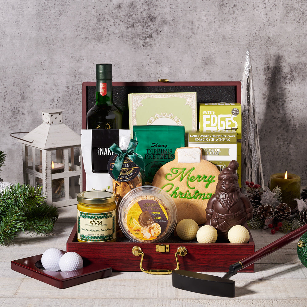 Holiday Golfer Pour & Play Liquor Gift,, Liquor Gift Baskets, Chocolate Gift Baskets, Cheese Gift Baskets, Christmas Gift Baskets, Xmas Gift Sets, Chocolate, Pretzels, Liquor, Cheese, Golf, Crackers, Cookies, Canada Delivery
