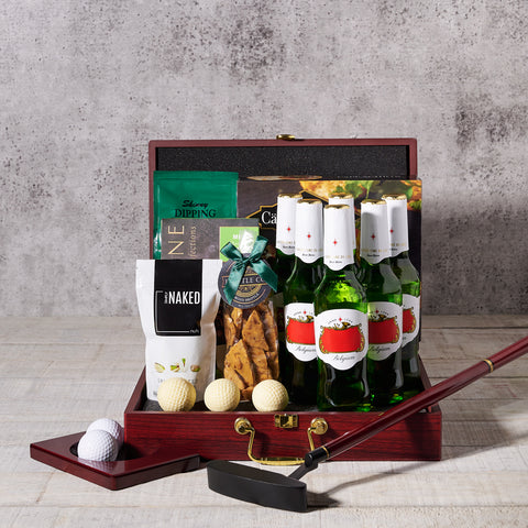 gourmet gift basket,  gourmet,  pistachios,  almonds,  nuts,  crackers,  chocolate,  Beer Gift Basket,  Beer,  golf,  Set 24051-2021, beer basket delivery, delivery beer basket, golf gourmet canada, canada golf gourmet, toronto