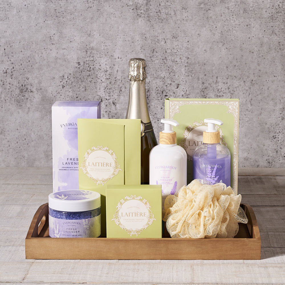 Serene & Calm Spa Tray with Sparkling Wine, chocolate truffles,  chocolate,  bath,  bath & body,  lotion,  lavender,  sparkling wine,  spa gift,  Spa,  Set 24061-2021, spa gift basket delivery, delivery spa gift basket, sparkling wine basket canada, canada sparkling wine basket, toronto