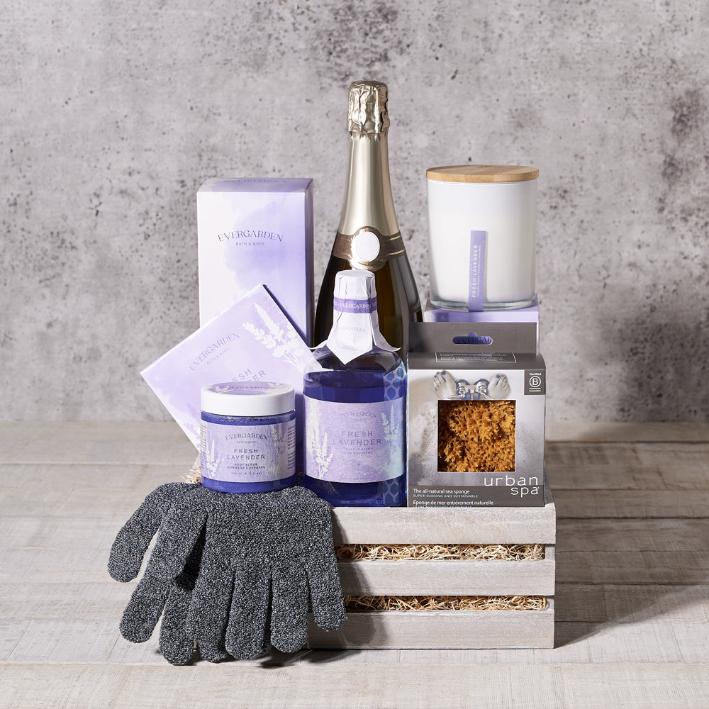 Champagne Lavender Touch Gift Crate sparkling wine,  spa gift,  Spa,  bath salts,  bath products,  bath &amp; body,  bath,  lavender,  Set 24070-2021, champagne spa crate delivery, delivery champagne spa crate, lavender bath and body canada, canada lavender bath and body, toronto