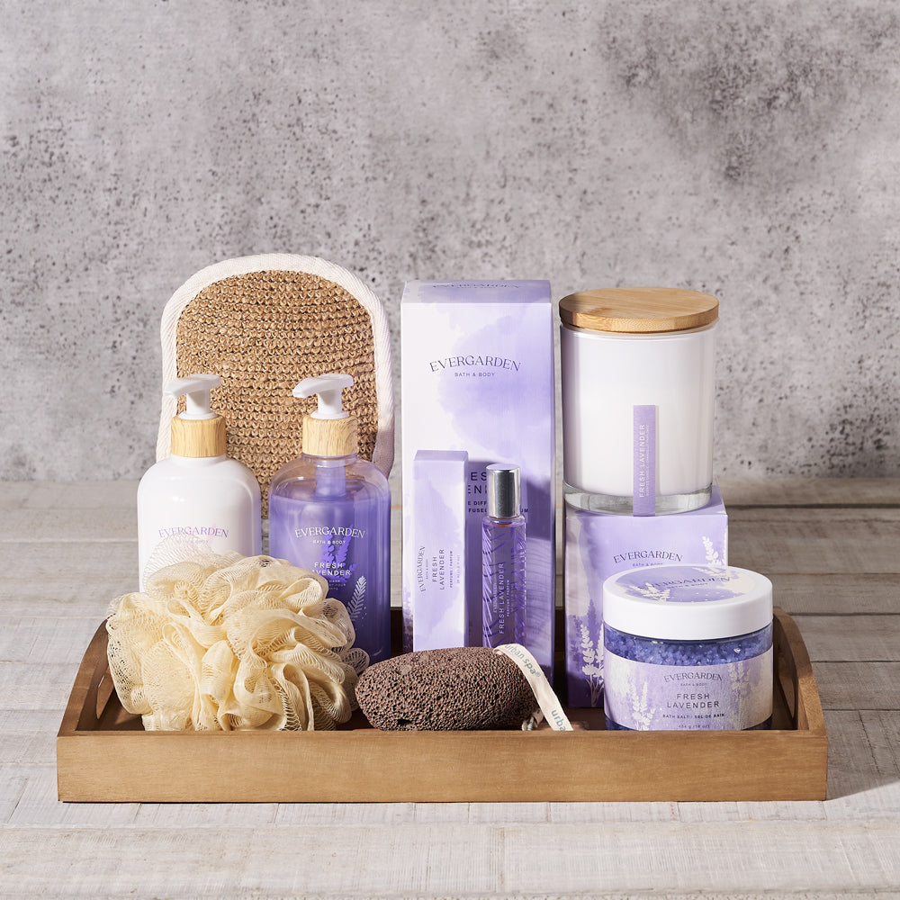 Set 24071-2021, Relaxing Gift Tray, lavendar, bath products, bath mitt, loofah, lotion, cream, body wash,. wash, bath, body, candle, diffuser, scented, bath salts, salts, pumice, spa