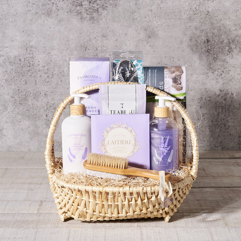 Mom Deserves the Best! Gift Basket, spa, gift basket, basket, delivery, lavender, lavendar, hand, soap, cream, chocolate, tea, brush, headband, diffuser, Canada Delivery