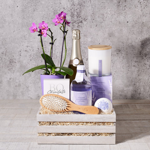 spa gift, Champagne Gift Basket, champagne, sparkling wine, bath, bath & body, Spa, lavender, champagne spa basket delivery, delivery champagne spa basket, sparkling wine bath and body canada, canada sparkling wine bath and body, toronto