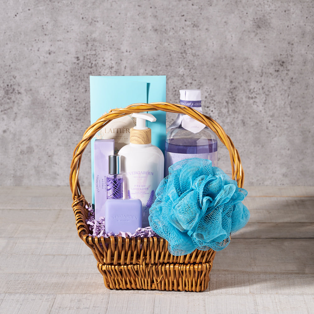 perfume, mother's day, spa gift, spa gift basket, lavender, bath and body, skincare, spa, spa gift basket delivery, delivery spa gift basket, bath and body luxury basket canada, canada bath and body luxury basket, toronto