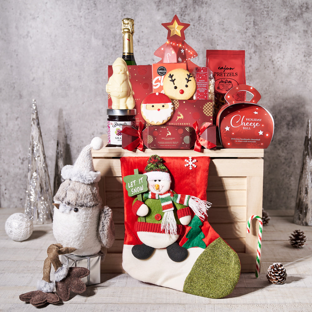 Jolly Snowman Gift Set, Gourmet Gift Baskets, Christmas Gift Baskets, Christmas Gourmet Gift Baskets, Christmas Champagne Gift Baskets, Chocolate Gift Baskets, Chocolate Truffles, Cheeseball, Cookies, Champagne, Jam, Popcorn, Chocolates, Christmas Stockings, Canada Delivery