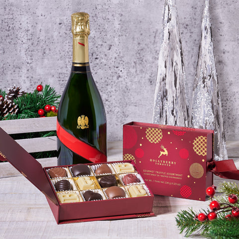 Holiday Champagne & Chocolate Gift Basket, Champagne Gift Baskets, Christmas Gift Baskets, Gourmet Gift Baskets, Xmas Gifts, Truffles, Champagne, Canada Delivery