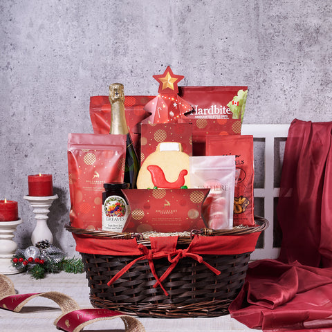 Under The Christmas Tree Champagne Gift Basket, chocolate, champagne, champagne gift basket, gift basket, basket, gift, goodies, christmas, holiday, pretzel, popcorn, chips, shortbread, cookies, delivery, Canada