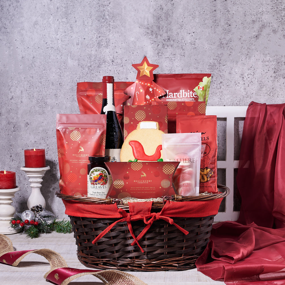 Under The Christmas Tree Wine Gift Basket, Wine Gift Baskets, Gourmet Gift Baskets, Chocolate Gift Baskets, Xmas Gifts, Wine, Cookies, Pretzels, Chocolates, Jam, Popcorn, Chips, Christmas Gift Baskets, Canada Delivery