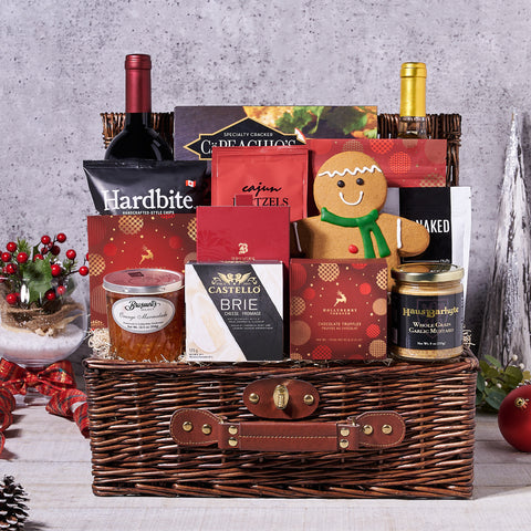 Ample Wine Christmas Gift Basket, chocolate, wine, wine gift basket, gift basket, basket, gift, goodies, christmas, holiday, pretzel, popcorn, chips, shortbread, cookies, delivery, CA