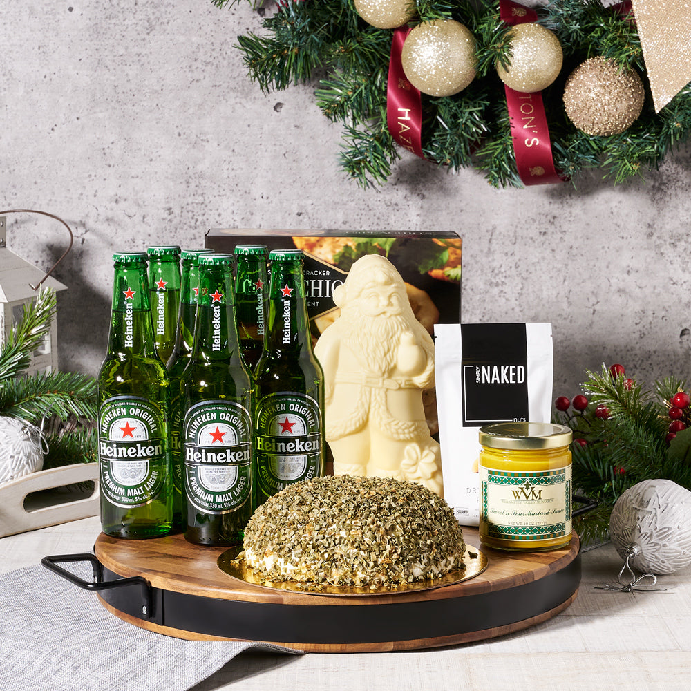 Winter Heineken Beer &amp; Savory Cheeseball Board, Gourmet Gift Baskets, Christmas Gift Baskets, Beer Gift Baskets, Cheeseball, Beer, Chocolate, Xmas Gifts, Canada Delivery