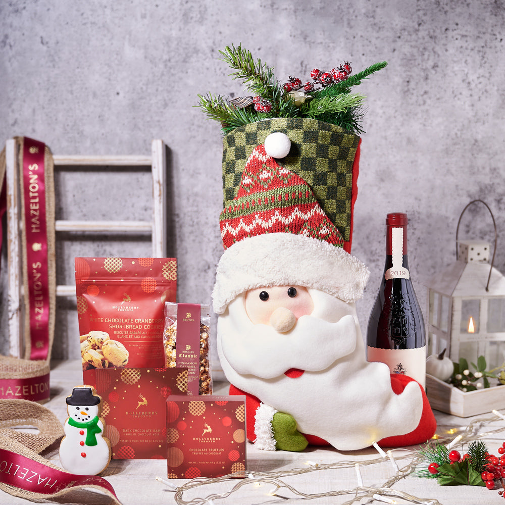 Santa’s Stocking Gift Set With Wine, Santa’s Stocking Gift Set With Wine, Wine Gift Baskets, Gourmet Gift Baskets, Chocolate Gift Baskets, Xmas Gifts, Chocolates, Stocking, Cookies, Popcorn, Wine, Canada Delivery