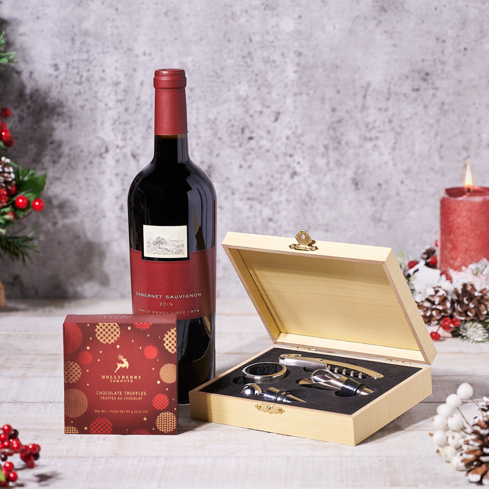 Holiday Wine Tools & Truffles Gift Set, wine gift basket, wine gift, wine, christmas gift basket, christmas gift, christmas, chocolate gift basket, chocolate gift, chocolate