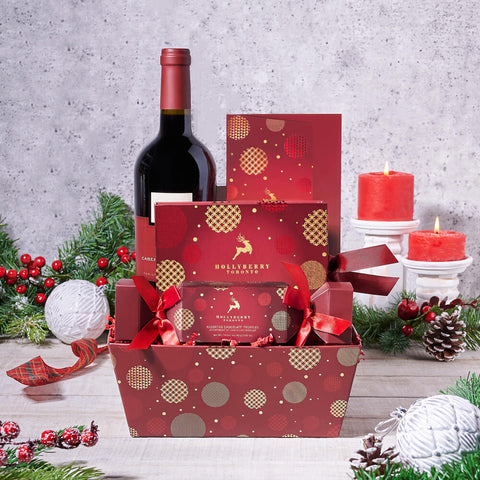 Royal Red Festive Wine Gift Set, wine gift baskets, Christmas gift baskets, gourmet gift baskets, holiday gifts, holiday, christmas gift, christmas, wine gift, wine, chocolate gift, chocolate