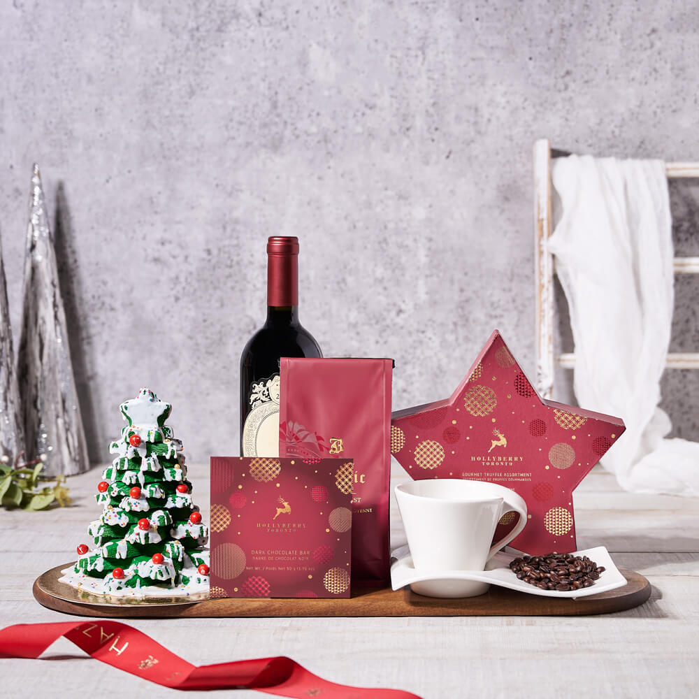 Santa’s Warm Comforts Gift Basket With Wine, wine gift, wine, chocolate gift, chocolate, holiday gift, holiday, christmas gift, christmas