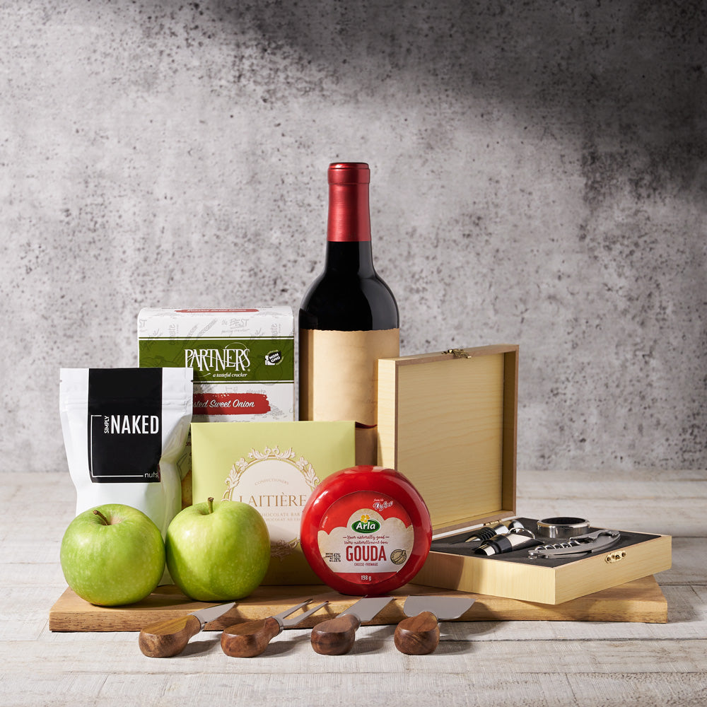 The Refined Wine & Cheese Tasting Board – Wine gift baskets – Canada delivery , wine, wine gift baskets, gift baskets, baskets, apples, gouda cheese, cheese, gouda, cheese knives, corkscrew, wine set, chopping board, almonds, butter crackers, crackers, chocolate