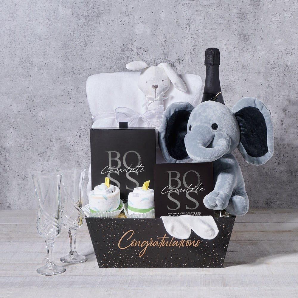 A Warm Welcome Baby Gift Basket, baby gift, baby, baby shower gift, baby shower, sparkling wine gift, sparkling wine, champagne gift, champagne
