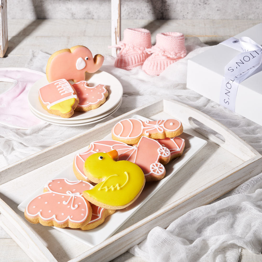 Pink Welcome Baby Cookie Gift Box, Baby Girl Cookies, Baked Goods, Gourmet Baby Cookies, Canada Delivery