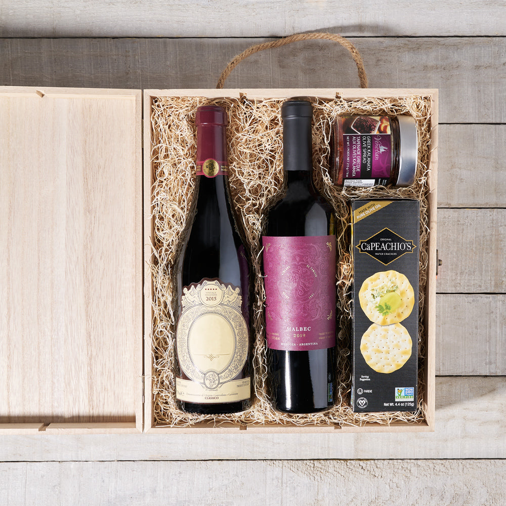 The Wine & Savory Bites Set, Wine Gift Crates, Wine Gift Baskets, Gourmet Gift Crate, Canada Delivery