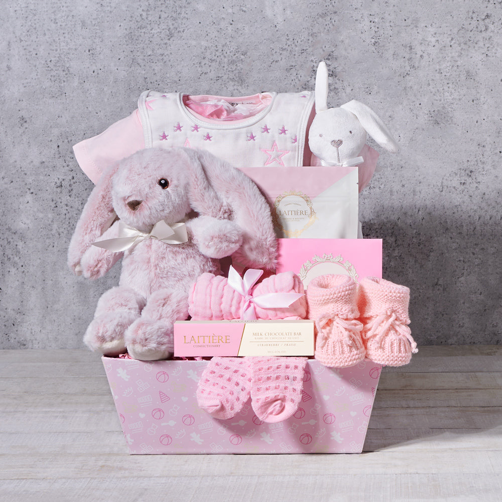 The Pink Bunny Baby Girl Gift Basket, baby gift, baby, baby girl gift, baby girl, baby shower gift, baby shower