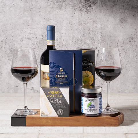 Cheese Board For Two Gift Set – Wine gift baskets – Canada delivery , wine, wine gift baskets, gift baskets, baskets, brie cheese, cheese, blueberry preserves, preserves, water crackers, crackers, wine glasses, chocolate