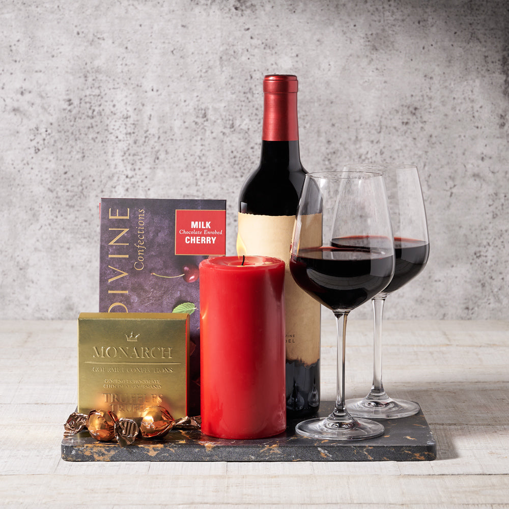 Candlelight Reverie Wine Gift Board – Wine gift baskets – Canada delivery , wine gift baskets, gift baskets, baskets, wine, candle, chocolate truffles, truffles, chocolate cherries, cherries, cherry, wine glasses