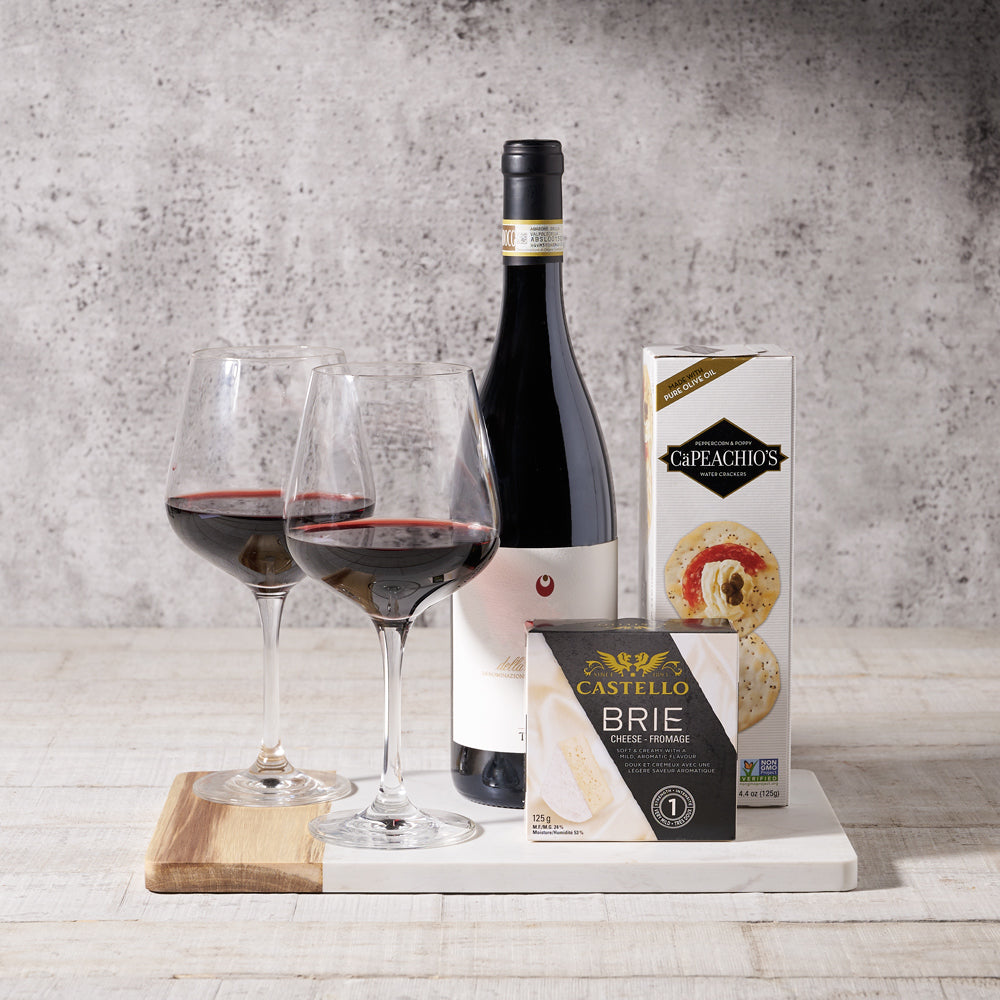 The Iconic Wine & Cheese Pairing Gift Board – Wine gift baskets – Canada delivery ,wine, wine gift baskets, gift baskets, baskets, brie, cheese, water crackers, crackers, cutting board, wine glasses