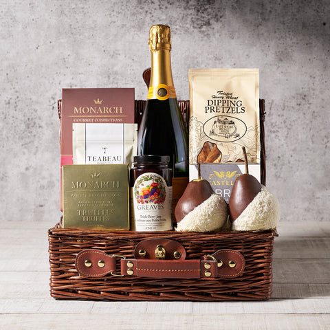 The Delish Goodies Basket, gourmet gift basket, champagne gift basket, dipped pears, truffles, dipping pretzels, brie, gourmet gifts canada delivery, toronto