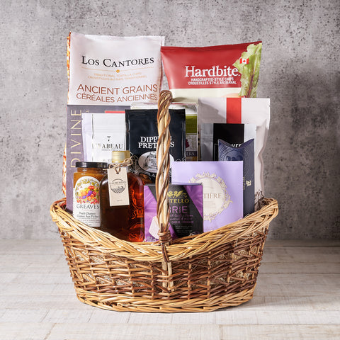 Classy Snacking Gift Basket, Gourmet Gift Baskets, Chips, Pretzels, Jam, Maple Syrup, Chocolates, Tea, Gift Baskets, Canada Delivery