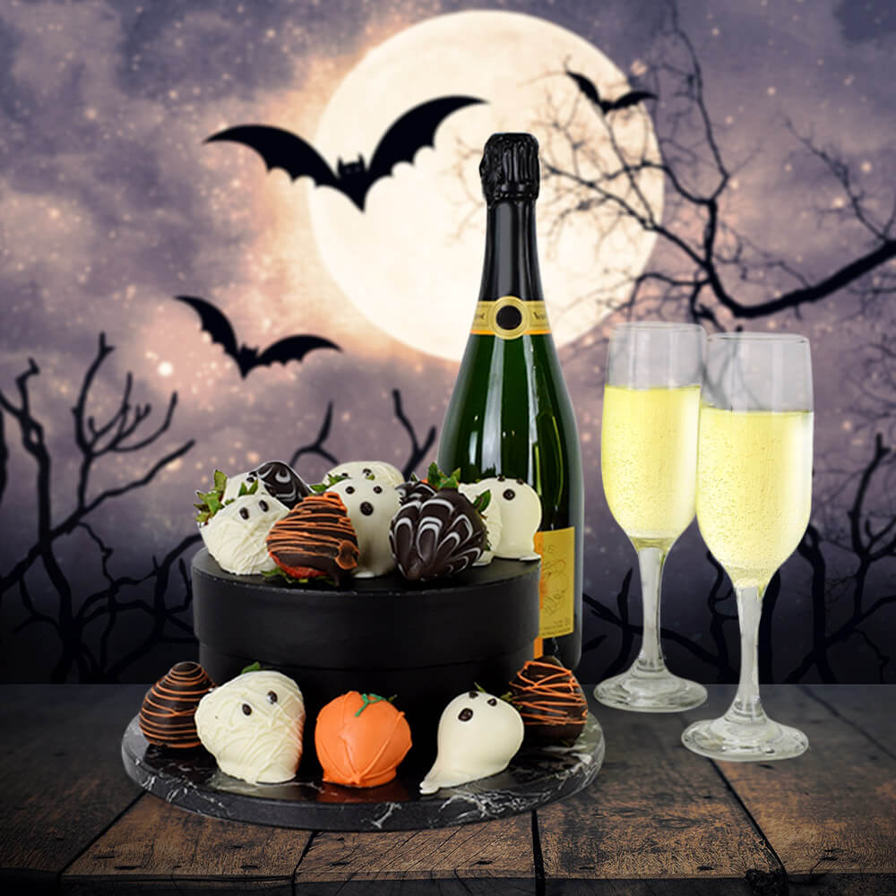 Spooky Halloween Chocolate Dipped Strawberries & Champagne, Halloween Gifts, Champagne Gifts