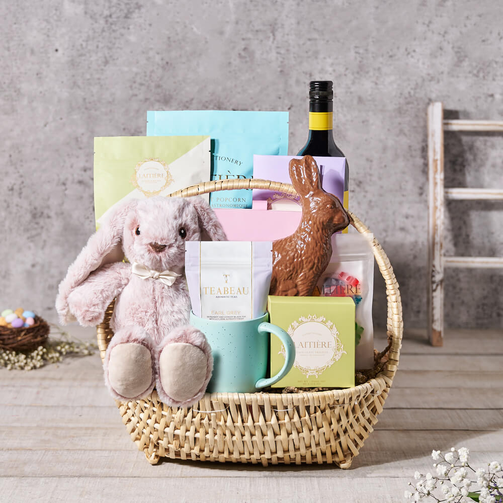 The Easter Bunny Elegance Gift Basket, easter gift, easter, chocolate gift, chocolate, wine gift, wine, gourmet gift, gourmet, tea gift, tea