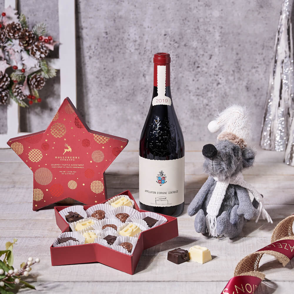 Wine & Chocolate Holiday Basket, christmas gift, christmas, holiday gift, holiday, chocolate gift, chocolate, wine gift, wine