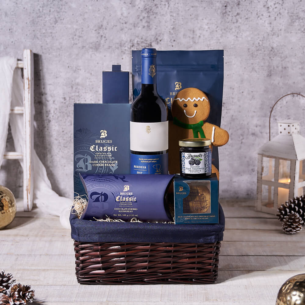 Winter Treats Gift Basket With Wine, christmas gift, christmas, holiday gift, holiday, wine gift, wine, chocolate gift, chocolate, gourmet gift, gourmet