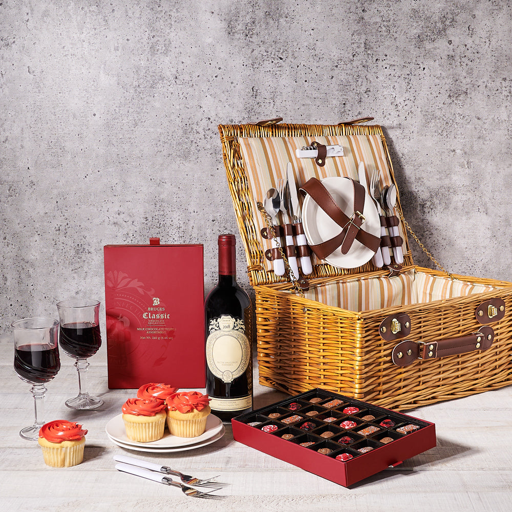 Ready For A Picnic Gift Basket With Wine, Valentine's Day gifts, wine gifts, cupcake gifts
